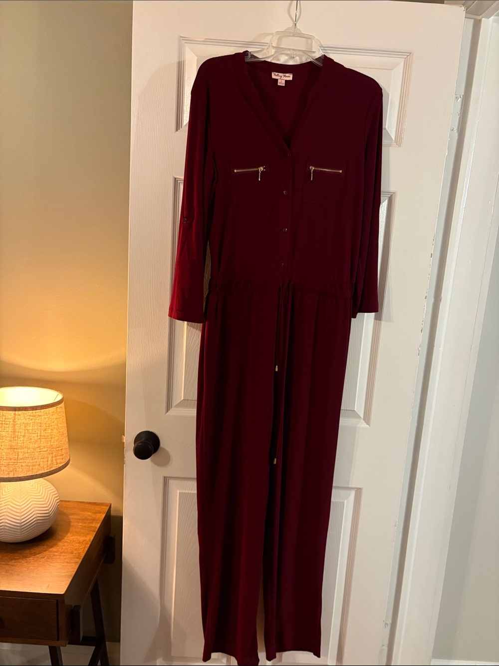 Deep Burgundy Jumpsuit with Gold Zipper Accents